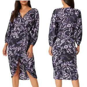 MISA Los Angeles Sylvia Floral Indigo Vines Wrap Midi Dress Size XS NWT